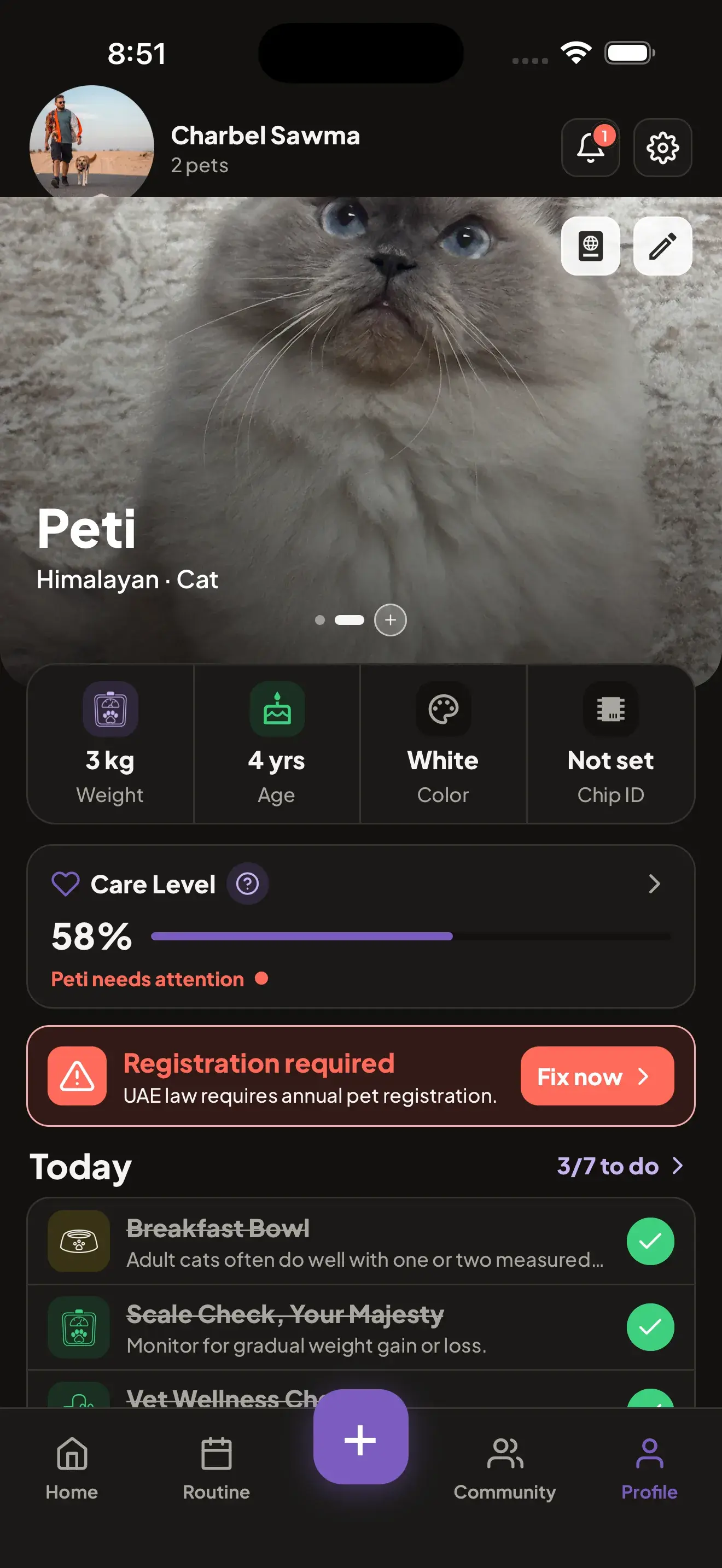 PetsGo pet profile screen shown in dark mode.